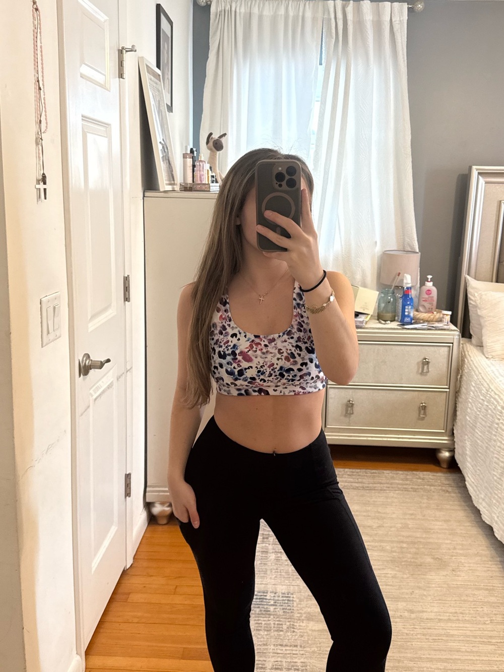 Floral Print Racerback Sports Bra Crop Top - White with Multi-Color Pattern